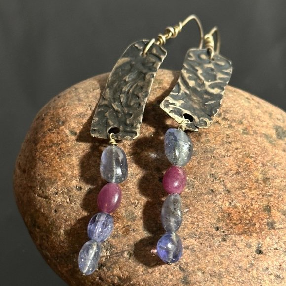 Conceptual Subculture Jewelry - Tanzanite Ruby Gemstone Sterling Silver 925 Earrings Handmade Rustic Natural